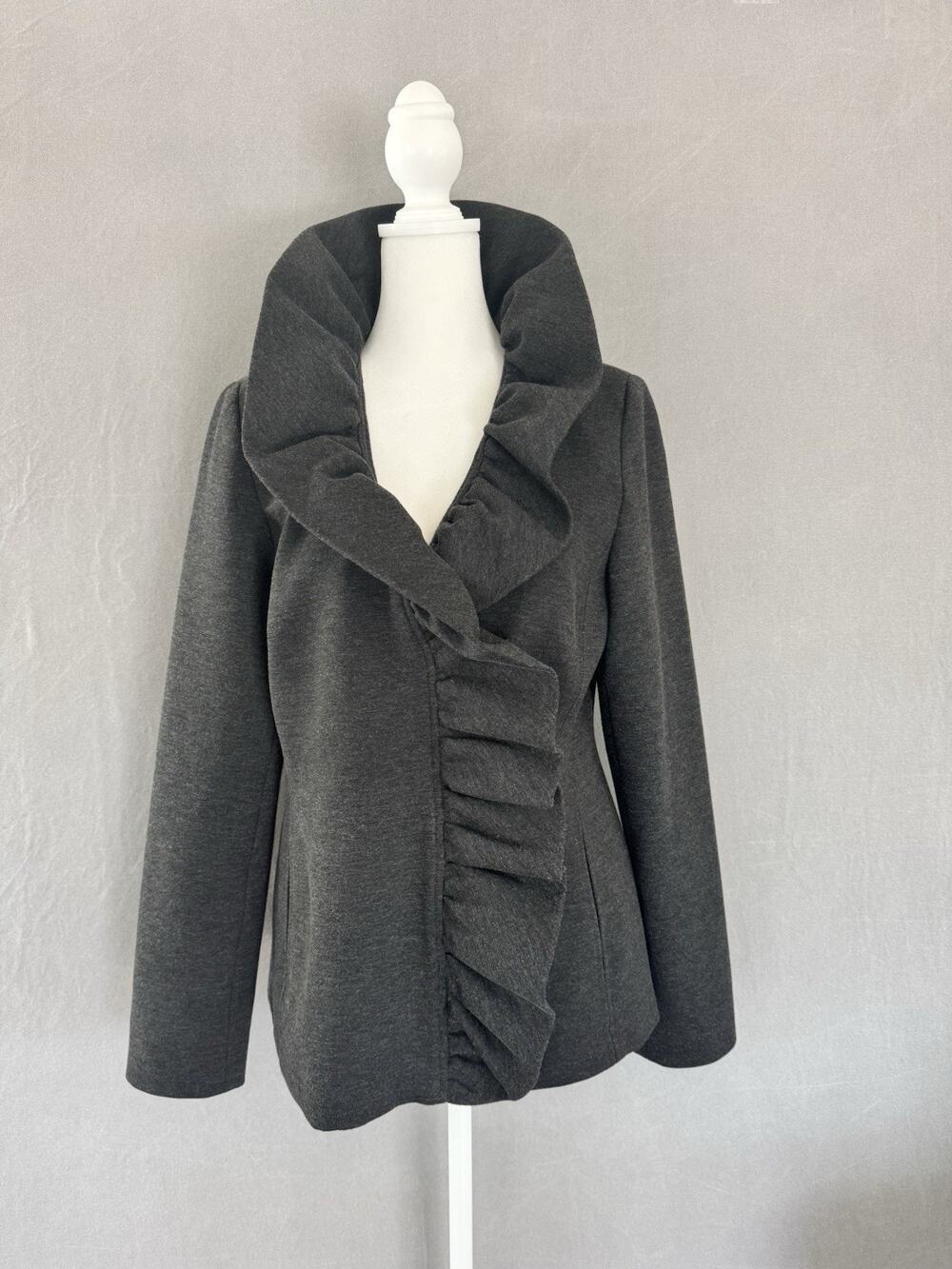 INC International Concepts Gray Ruffle Jacket Blazer Size M Statement Collar